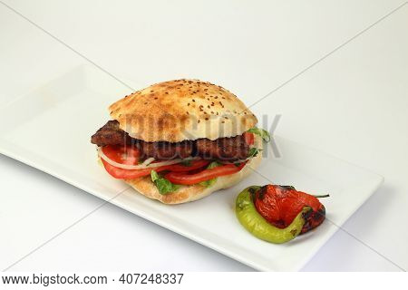 Delicious Turkish Kofte Sandwich (meatballs) Isolated White Background