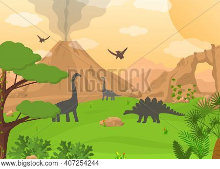 Cartoon Color Dinosaurs And Landscape Scene Concept Flat Design Style. Vector Illustration Of Wild N