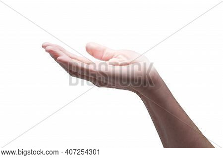 Horizontal Shot Of A Woman's Hand With A Spotlit Palm On A White Background.