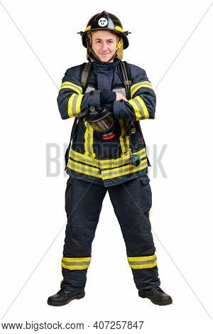 Young Smiling Fireman With Mask And An Air Tank On His Back In A Fully Protective Suit With Folded A