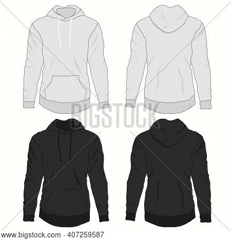Hoody Fashion, Sweatshirt Template. Realistic Outerwear Clothes Mockup Front And Back View.