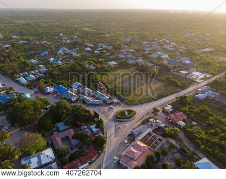 Aerial View On Township Poor Houses Favelas In Paje Village, Zanzibar, Tanzania, Africa