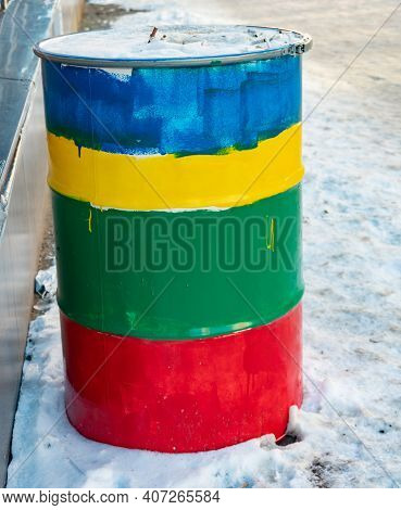 Rainbow Colored Barrel, Lgbt Colors, Creative Multi-colored Barrel Ashtray Near The Bar