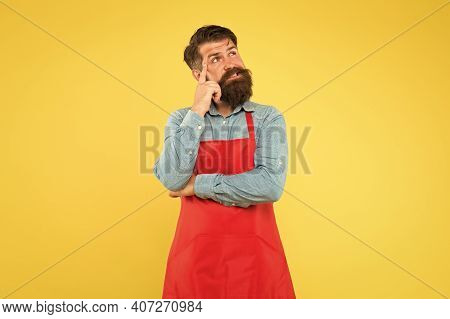 Make Healthy Decisions When Ordering Food At Restaurant. Hipster In Apron Thinking About Recipes. Ea