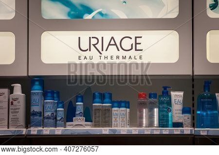 Belgrade, Serbia - October 31, 2020: Uriage Logo On A Shelf Of Products Of The Brand. Uriage Is A Fr