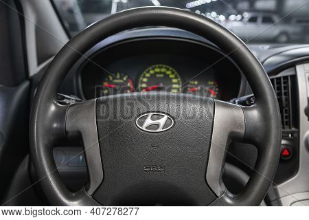 Novosibirsk, Russia - February 07 2021: Hyundai Starex, Auto Interior: Steering Wheel With  Logo    