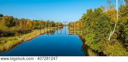 Mississippi River In Bemidji Minnesota Near Highway 2. This Beautiful Autumn Landscape Scene Is A Fe