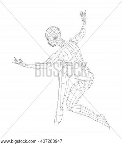 Wireframe Ballerina Or Dancer In Dance Pose. Vector 3d Rendering
