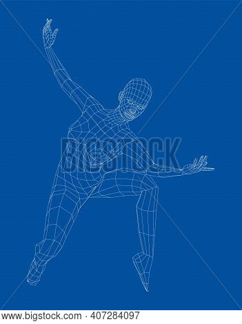 Wireframe Ballerina Or Dancer In Dance Pose. Vector 3d Rendering