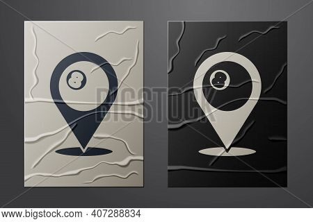 White Map Pointer With Billiard Pool Snooker Ball With Number 8 Icon Isolated On Crumpled Paper Back