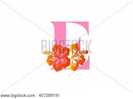 Monogram Initials Letter D With Hibiscus Flower On White Background.