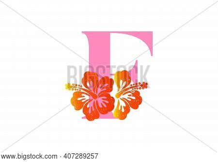 Monogram Initials Letter F With Hibiscus Flower On White Background.