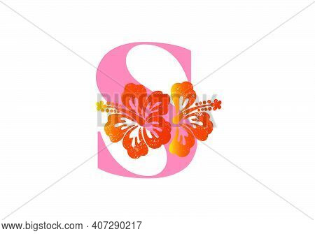 Monogram Initials Letter S With Hibiscus Flower On White Background.