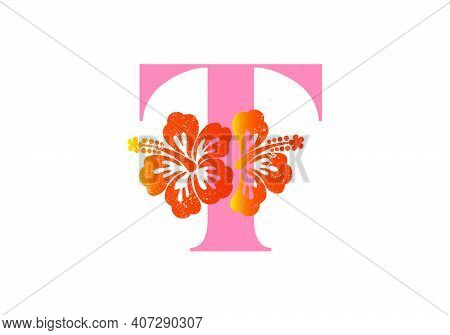 Monogram Initials Letter T With Hibiscus Flower On White Background.