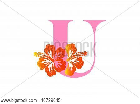 Monogram Initials Letter U With Hibiscus Flower On White Background.