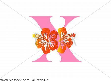 Monogram Initials Letter X With Hibiscus Flower On White Background.