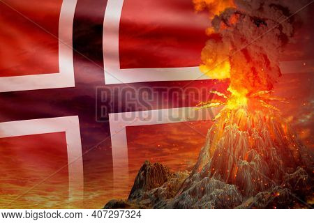Conical Volcano Eruption At Night With Explosion On Norway Flag Background, Problems Of Eruption And