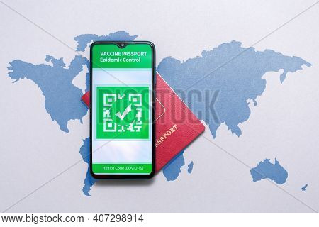 Medicine And Health. Electronic Immunity Passport With A Covid-19 Vaccination Stamp On A Smartphone 