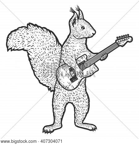 Squirrel Plays The Electric Guitar. Engraving Vector Illustration.