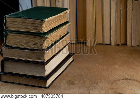 Book Background. Old Books In The Library. Bookshelf Shop. Knowledge, Publications, Literature. Book
