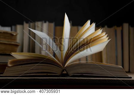 Book Background. Old Books In The Library. Bookshelf Shop. Knowledge, Publications, Literature. Book