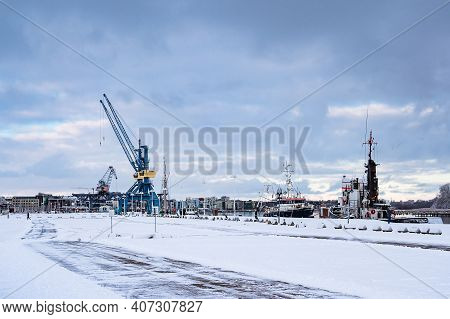 Winter Time In The City Port Of Rostock, Germany.