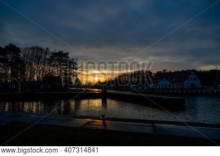 Beautiful Winter Sunset On The Łeba River In Poland Landscape