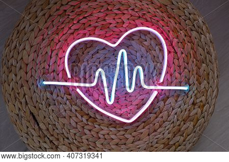 Neon Sign Pink And Blue Heart In The Decor Of The Home. Trendy Style. Neon Sign. Custom Neon. Home D