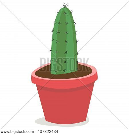 Cactus In Red Pot; Home Potted Plant; Vector Illustration.