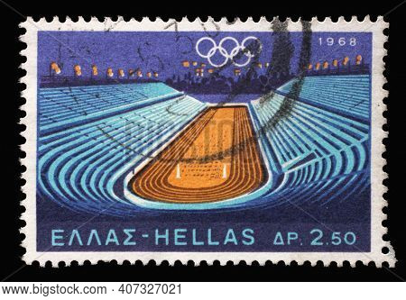 ZAGREB, CROATIA - AUGUST 28, 2014: Stamp printed in Greece shows Panathenaikos Stadium, Summer Olympic Games 1968 - Mexico City series, circa 1968