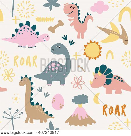 Dino Friends. Funny Cartoon Dinosaurs, Bones, And Eggs. Cute T Rex,  Characters. Hand Drawn Vector D