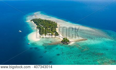 Aerial View Of Sandy Beach On A Tropical Little Liguid Island With Palm Trees. Little Cruz Island, P