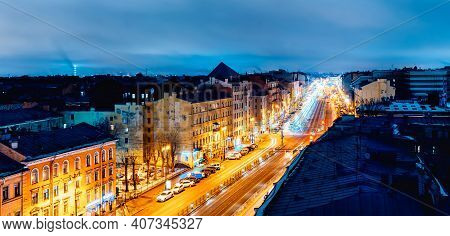 Panorama Of The Night City. Saint Petersburg, Russia. The Roofs Of The Houses. Ligovsky Prospekt
