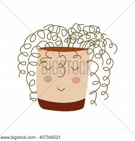 Houseplant In A Pot In The Shape Of A Cute Face. Curly Potted Plant. Colorful Hand Drawn Vector Illu