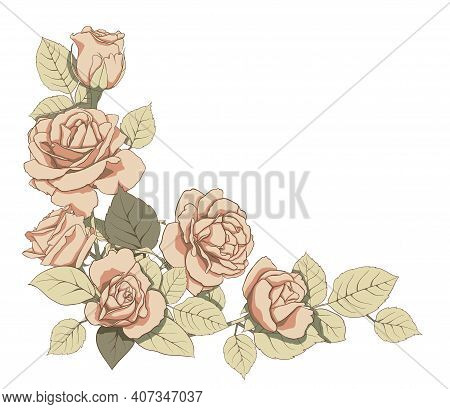 Omposition Of Delicate Roses And Green Leaves. Illustration For Creating Cards, Decoration, Decorati