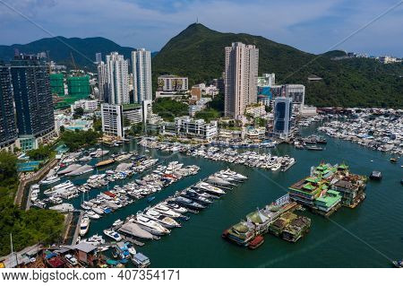 Aberdeen, Hong Kong 24 August 2020: Drone fly over Hong Kong typhoon shelter in aberdeen