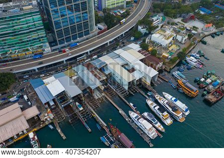 Shau Kei Wan, Hong Kong, 03 December 2020: Top view of Hong Kong shipyard