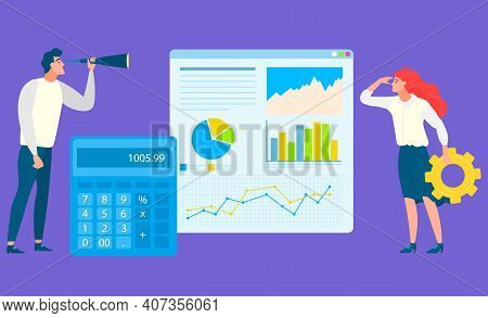 Man And Woman Researching, Worker Counting, Calculator And Graph Report. Employee Education, Teamwor
