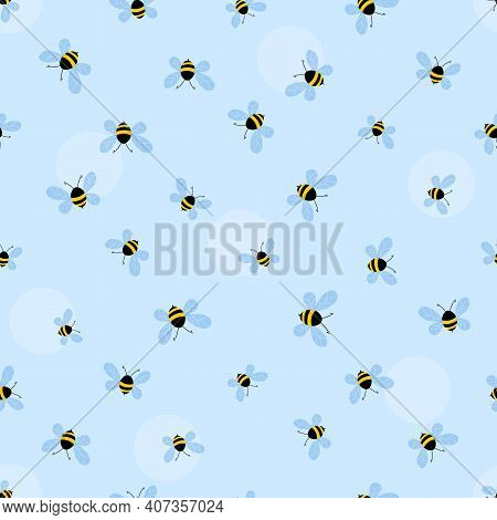 Seamless Pattern With Bees On Blue Background. Adorable Cartoon Wasp Characters. Template Design For