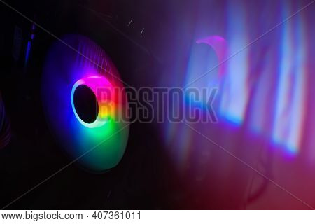Cooler Of Processor With Neon Light. Led Light, Cpu Cooler. Computer Circuit Board And Cpu Cooling F