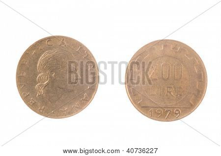 1979 Włoski pre EWG 200 lirów moneta na białym tle