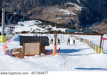 El Tarter, Andorra: 2021 February 08: Snow Park At The Grandvalira Ski Resort In Winter 2021
