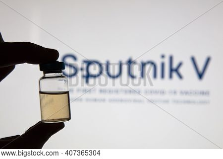 Oxford, Uk - February 2020: Sputnik V Covid Vaccine Logo With Injection Vial