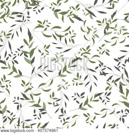 Abstract Green Leave Or Foliage On White Background. Hand Drawn Elements Brances In Natural Summer S