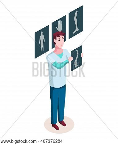 Medicine Researcher Isometric. Doctor Considers The Results Of Research. Isometric Vector Illustrati