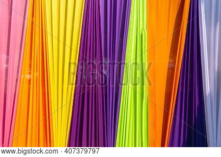 Beautiful Multi-colored Curtains Decorated As A Backdrop For The Buddhist Ceremonies In Southeast As