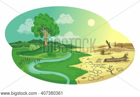 Climate Change Desertification Illustration. Global Environmental Problems. Land Degradation Infogra
