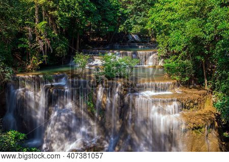 Huay Maekamin Waterfall Tier 4 (chatkaew) In Kanchanaburi, Thailand; Photo By Long Exposure With Slo