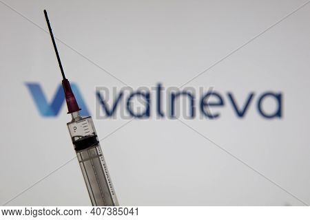 Oxford, Uk - February 2020: Valneva Biotech Logo With A Covid Vaccine Injection