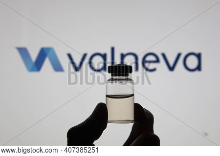 Oxford, Uk - February 2020: Valneva Biotech Logo With A Covid Vaccine Vial